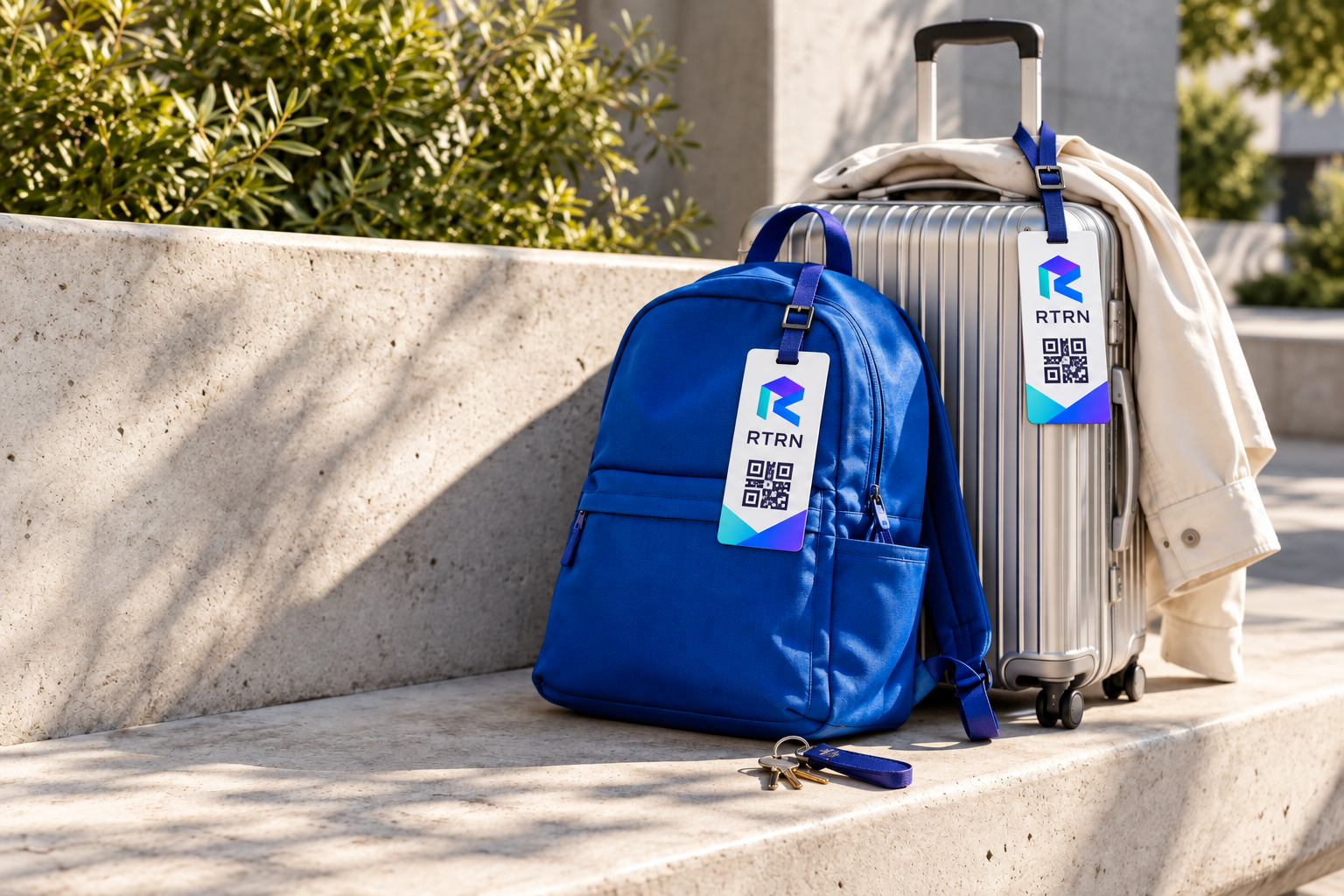 A backpack and suitcase with RTRN return tags